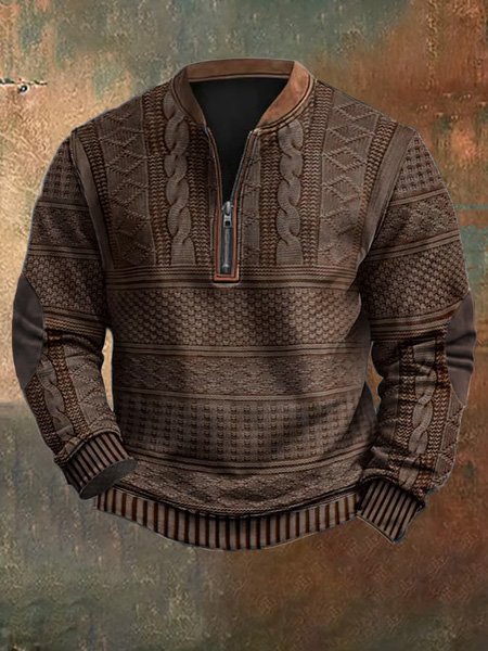 

Men's Vintage Knit Print Zip-Up Sweatshirt, Coffee, Hoodies&Sweatshirts