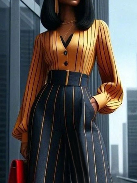 

V Neck Striped Urban Balloon Sleeve Regular Fit Shirt, Yellow, Blouses and Shirts
