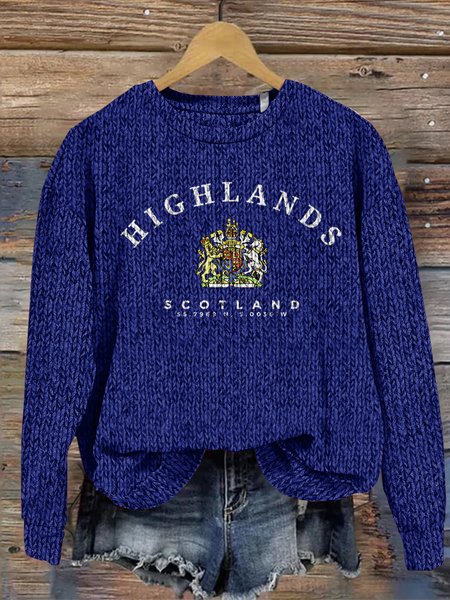 

Scottish Highland Pattern Round Neck Sweater, Blue, Sweaters
