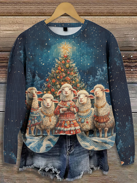 

Christmas tree Christmas Animal Loose Casual Sweater, Blue, Sweaters
