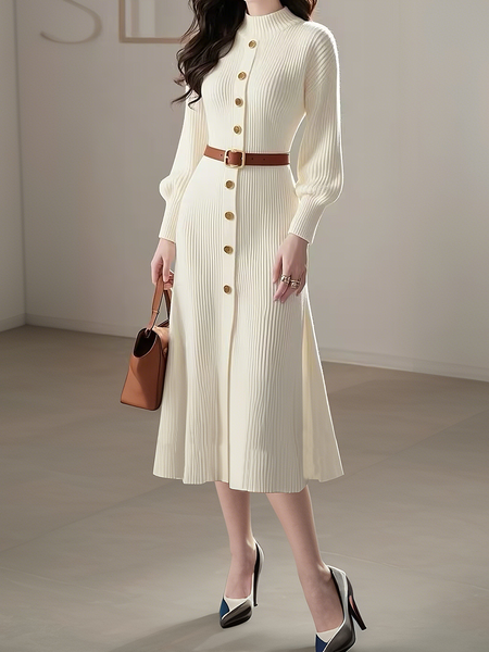 High Elasticity Regular Fit Elegant Regular Stand Collar Sleeve Long Sleeve Sweater Dress With No Belt, Off white, Midi Dresses