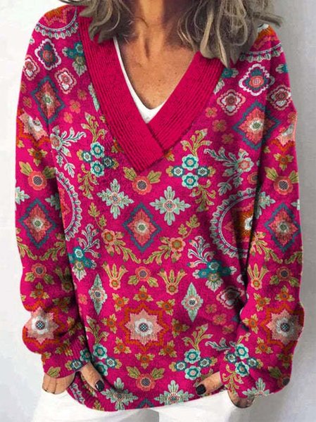 

Women's Spring/Fall Ethnic Casual Long Sleeve V Neck Yarn/Wool Yarn Sweater, Red, Sweaters