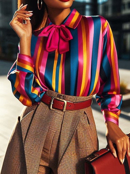 

Loose Elegant Regular Sleeve Striped Shirt Collar Long Sleeve Shirt, As picture, Blouses and Shirts