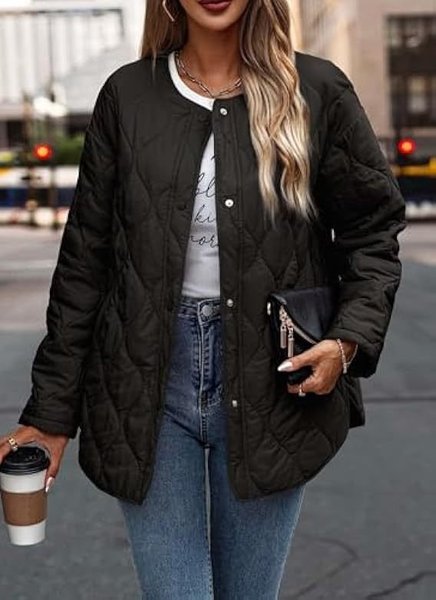 

Women's Plain Thicken Loose Padded Jacket, Black, Outerwear