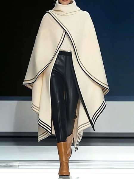 

Raglan Sleeve Urban Striped Turtleneck Loose Cloak, Off white, Poncho and Capes