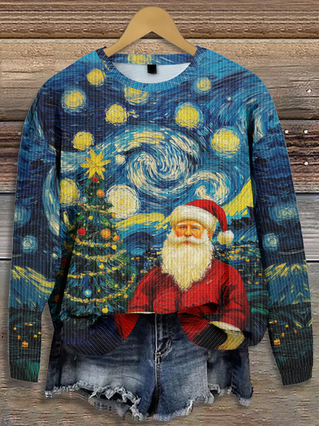 

Christmas Santa Claus Abstract Crew Neck Casual Sweater, Green, Sweaters