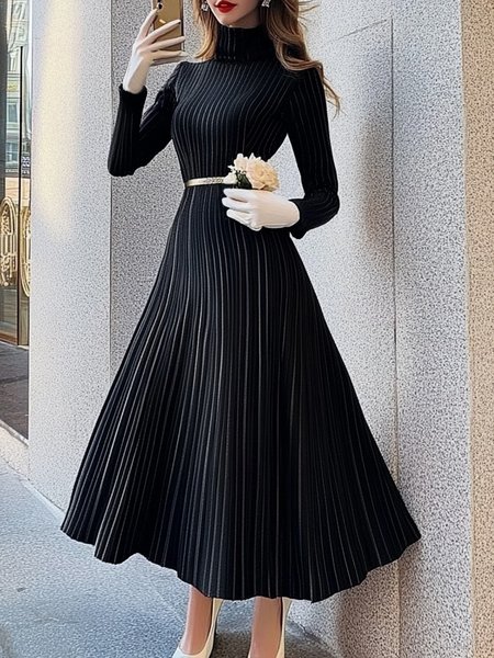 Turtleneck Plain Elegant Sweater Dress With No Belt, Black, Maxi Dresses