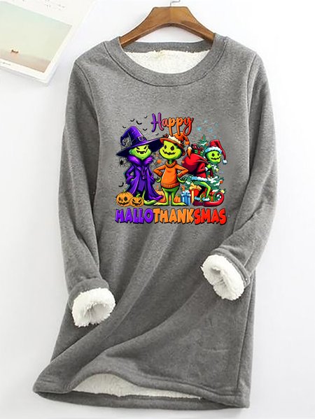 

Happy Hallothanksmas Casual Fluff Fleece Fabric Sweatshirt, Gray, Hoodies&Sweatshirts