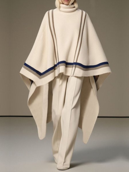 

Casual Raglan Sleeves Loose Turtleneck Color Block Cloak, Off white, Poncho and Capes