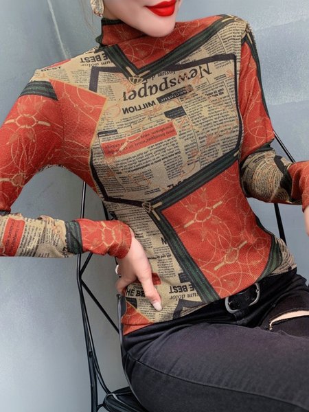 

Tight Turtleneck Casual Newspaper T-Shirt, As picture, Tees