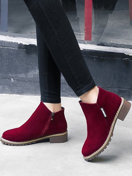 

British Style Round Toe Comfortable Zip Low Heel Booties, Wine red, Boots