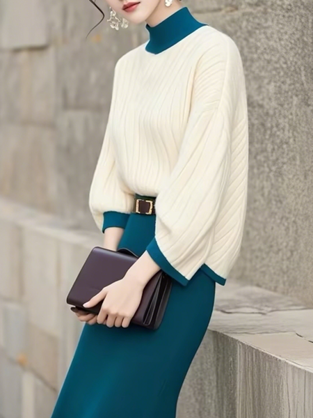 

High Elasticity Loose Regular Sleeve Mock Neck Three Quarter Sleeve Color Block Casual Sweater, White, Pullovers