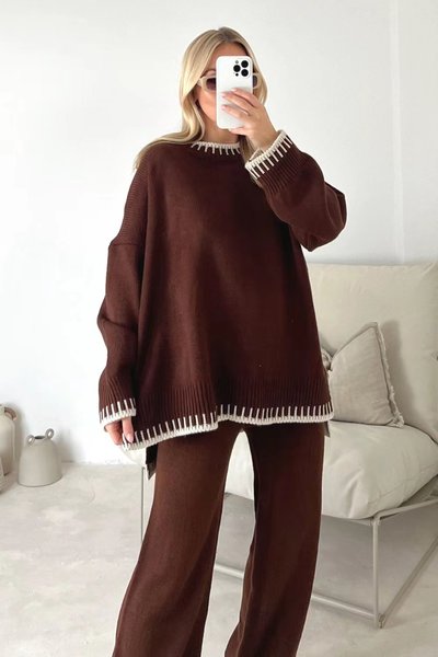 

Women Plain Long Sleeve Comfy Casual Top With Pants Two-Piece Set, Deep brown, Sets