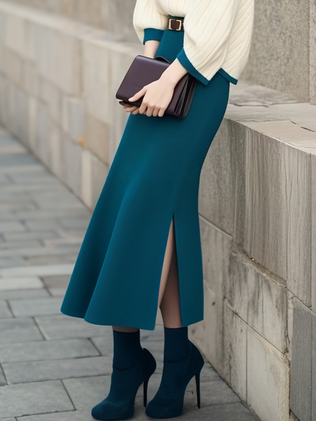 

High Elasticity Regular Fit Side-Slit Casual Sweater Midi Skirt, Blue, Skirts