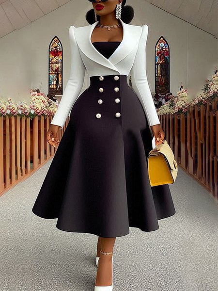 

Elegant Color Block Regular Fit Midi Dress, Black-white, Midi Dresses