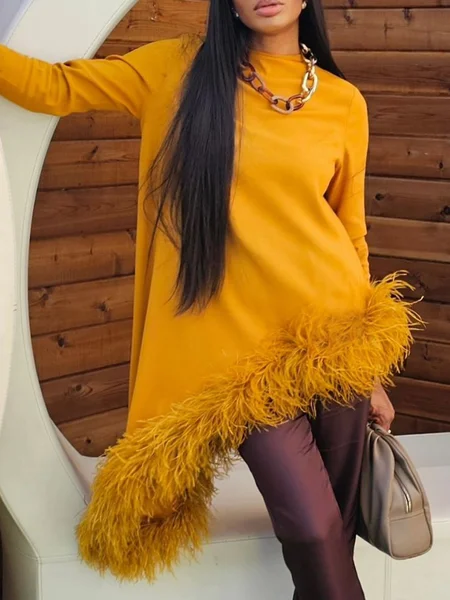 

Plain Crew Neck Feather-Trimmed Urban Long Sleeve Blouse, Yellow, Blouses and Shirts