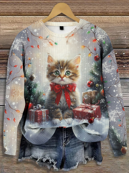 

Christmas tree Cat Christmas Knitted Casual Sweater, Blue, Sweaters