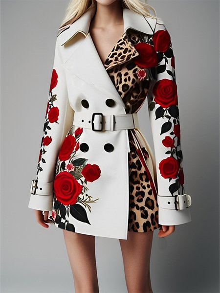

Elegant Floral Double-breasted Blazer With Belt, As picture, Blazers