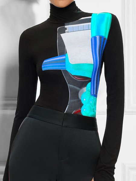 

Abstract Regular Sleeve Casual Turtleneck T-Shirt, As picture, Tees