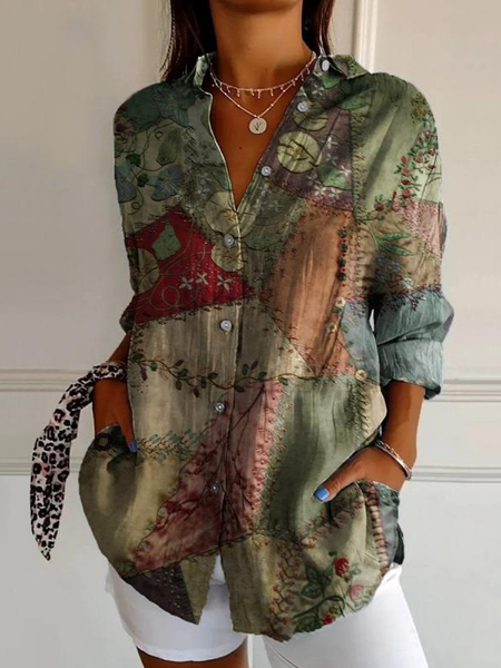 Shirt Collar Long Sleeve Ethnic Geometry Regular Loose Shirt For Women, Green, Shirts