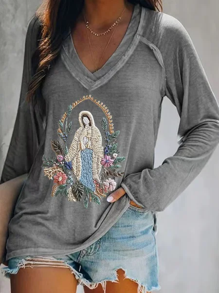 

Women's Christian Our Lady Floral Printed V-neck T-shirt, Gray, Long sleeves