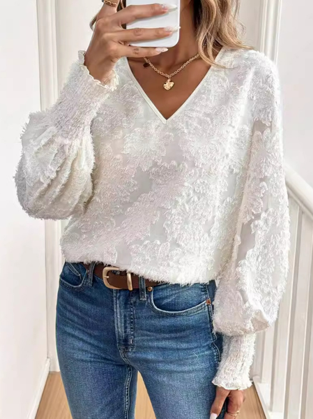 

V Neck Puff Sleeve Long Sleeve Plain Lace Regular Loose Blouse For Women, White, Blouses