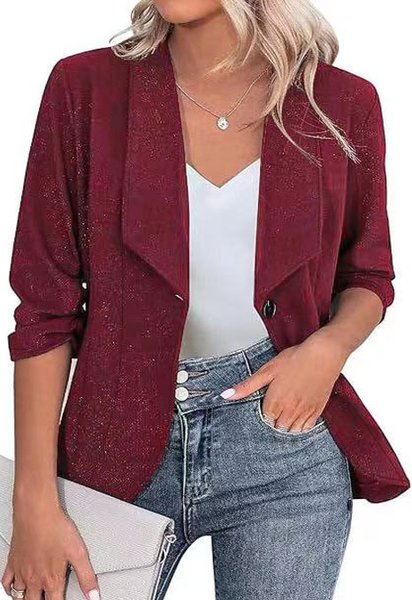 

Plain Casual Shawl Collar Loose Jacket, Wine red, Outerwear