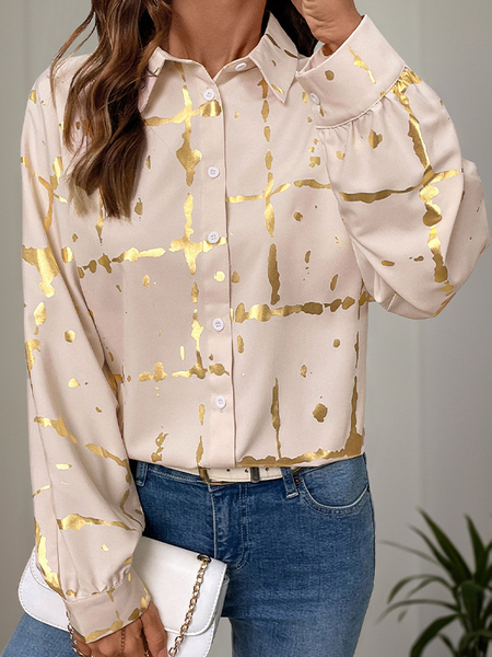 

Shirt Collar Long Sleeve Abstract Regular Loose Shirt For Women, Khaki, Shirts