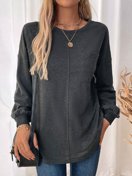 

Women's Long Sleeve Blouse Spring/Fall Plain Knitted Crew Neck Daily Going Out Casual Top, Deep gray, Shirts & Blouses