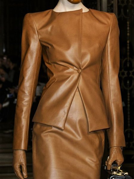 

Regular Fit Urban Plain Long Sleeve Faux Leather Coat, Brown, Jackets