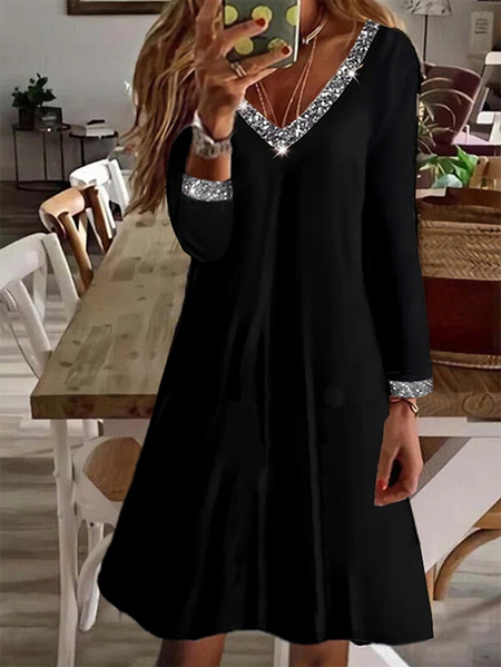 Women Plain V Neck Long Sleeve Comfy Casual Midi Dress, Black, Dresses
