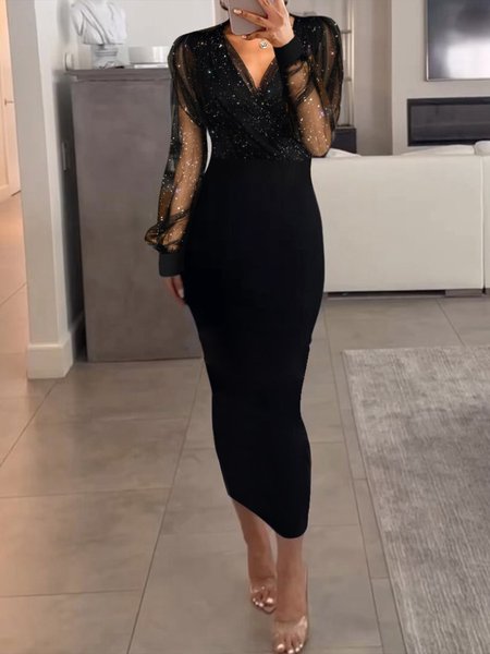 

Elegant Plain V Neck Patchwork Long Sleeve Dress, Black, Midi Dresses