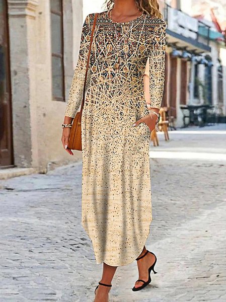 

Women's Long Sleeve Spring/Fall Ethnic Dress Crew Neck Daily Going Out Vintage Maxi A-Line, Color4, Dresses