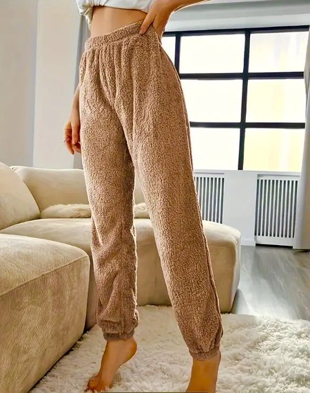 

Women's Trousers Daily Going Out Casual Fluff/Granular Fleece Fabric Plain Spring/Fall Pants, Coffee, Pants