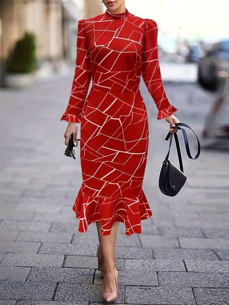 Ruffle Sleeve Elegant Stand Collar Peplum Geometric Dress, Red, Midi Dresses