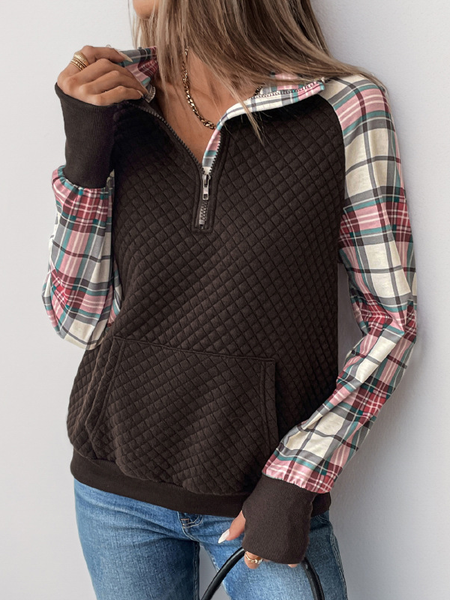 

Women's Shawl Collar Plaid Zipper Casual Spring/Fall Long Sleeve Sweatshirt, Brown, Sweatshirts & Hoodies