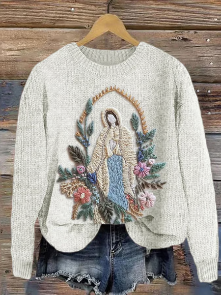 

Women's Christian Virgin Mary Floral Knitted Sweatshirt, As picture, Sweaters