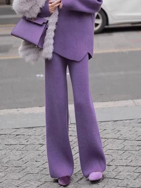 

Casual Plain Regular Fit Pants Sweater, Purple, Knit Pants