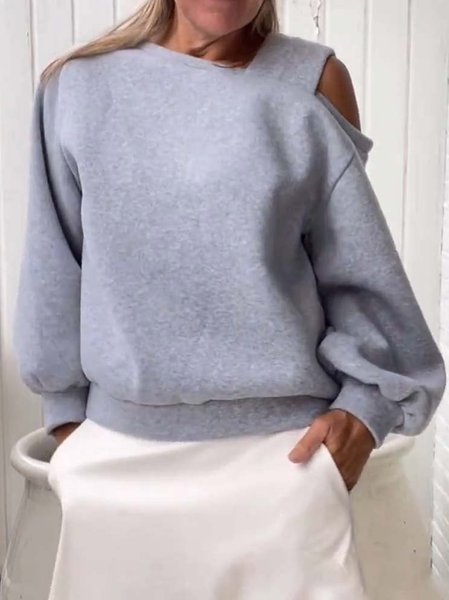 

Women's One Shoulder Plain Casual Spring/Fall Long Sleeve Sweatshirt, Light gray, Sweatshirts & Hoodies