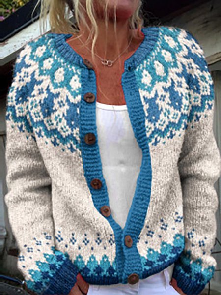 

Women Wool/Knitting Geometric Long Sleeve Comfy Casual Cardigan, Blue, Cardigans