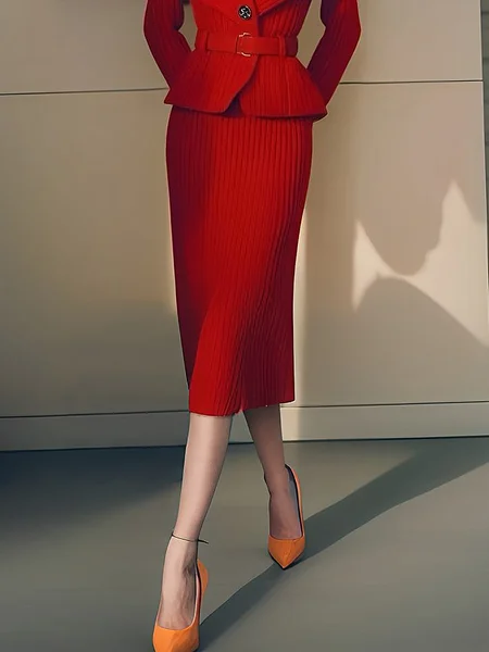 

Medium Elasticity Regular Fit Plain Elegant Midi Sweater Skirt, Red, Skirts
