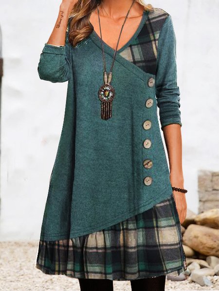 

Women's Long Sleeve Spring/Fall Plaid Dress V Neck Daily Going Out Casual Midi A-Line Ruffle Skirt, Green, Dresses