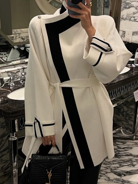 

Color Block Urban Loose Cardigan Sweater With Belt, Black-white, Cardigans