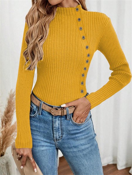 

Women's Long Sleeve Blouse Spring/Fall Plain Jersey Turtleneck Daily Going Out Casual Top, Yellow, Shirts & Blouses