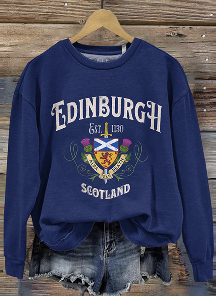 

Vintage Scotland Print Crew Neck Casual Sweatshirt, Blue, Hoodies&Sweatshirts