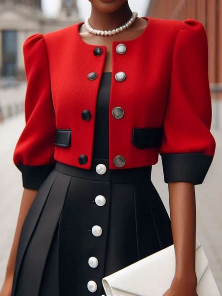 

Crew Neck Elegant Color Block Short Sleeve Regular Fit Puff Sleeve Jacket, Red, Jackets