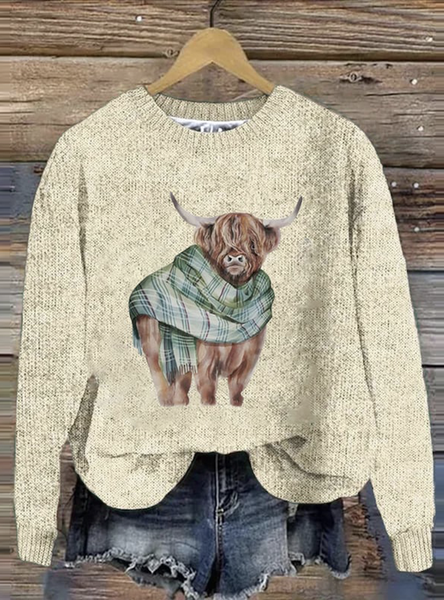 

Scottish Highland Cute Calf Round Neck Sweater, Apricot, Sweaters