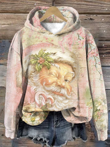 

Pink Vintage Santa Claus Print Casual Hoodie, Hoodies&Sweatshirts