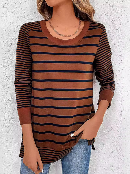 

Crew Neck Long Sleeve Striped Regular Micro-Elasticity Loose Blouse For Women, Coffee, Blouses