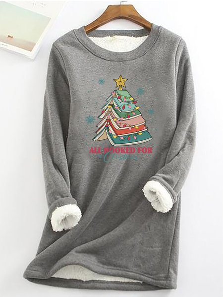 

All Booked For Christmas Casual Fluff Fleece Fabric Sweatshirt, Gray, Hoodies&Sweatshirts